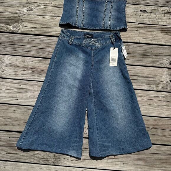 Vintage Y2K Plush Rhinestone 2 Piece Women’s Wide Leg Set Outfit - Picture 2 of 10